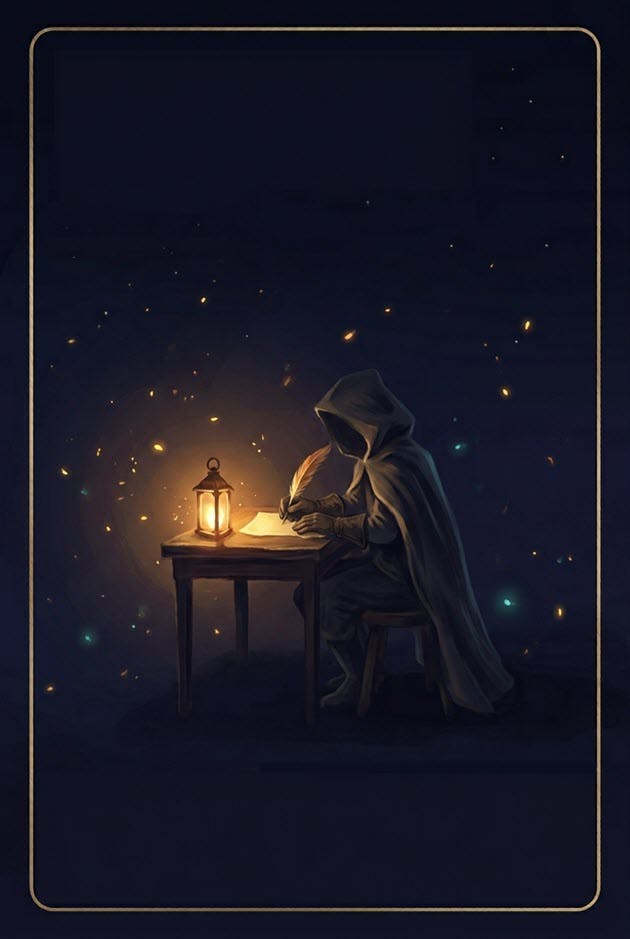 Illustrated tarot-style card featuring clouds among stars — revealed