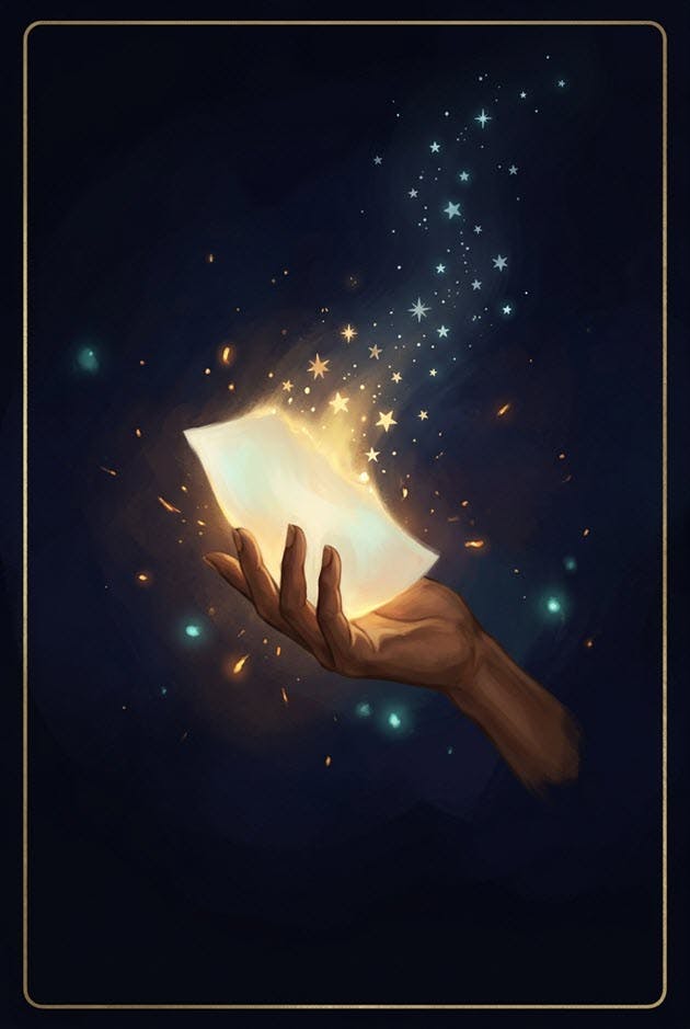 Illustrated tarot-style card featuring flames among stars — revealed