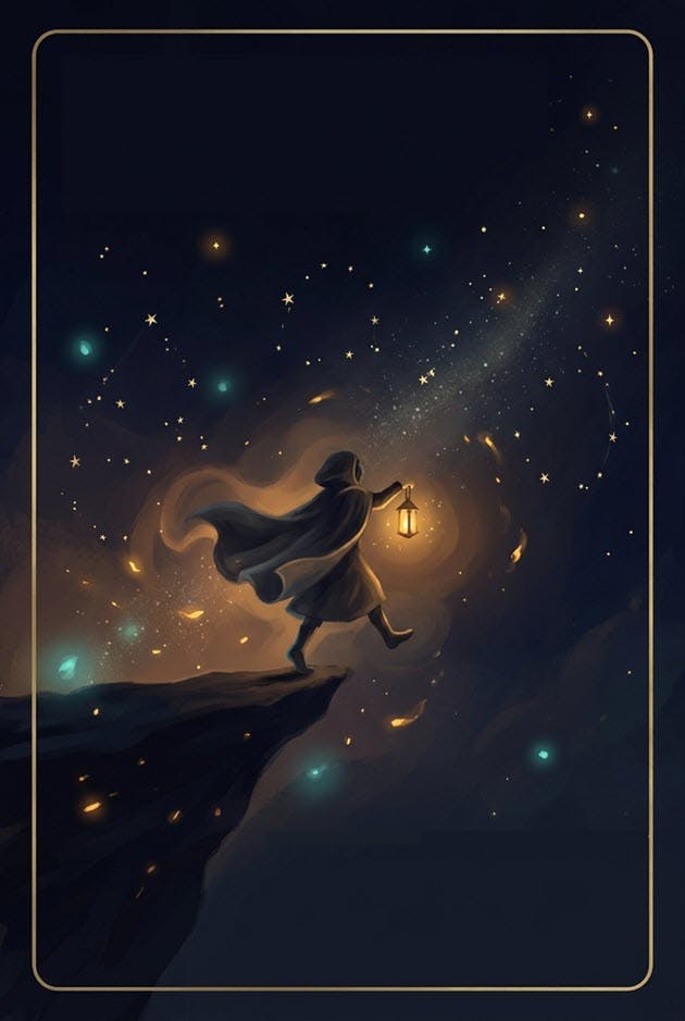 Illustrated tarot-style card featuring a mountain among stars — revealed