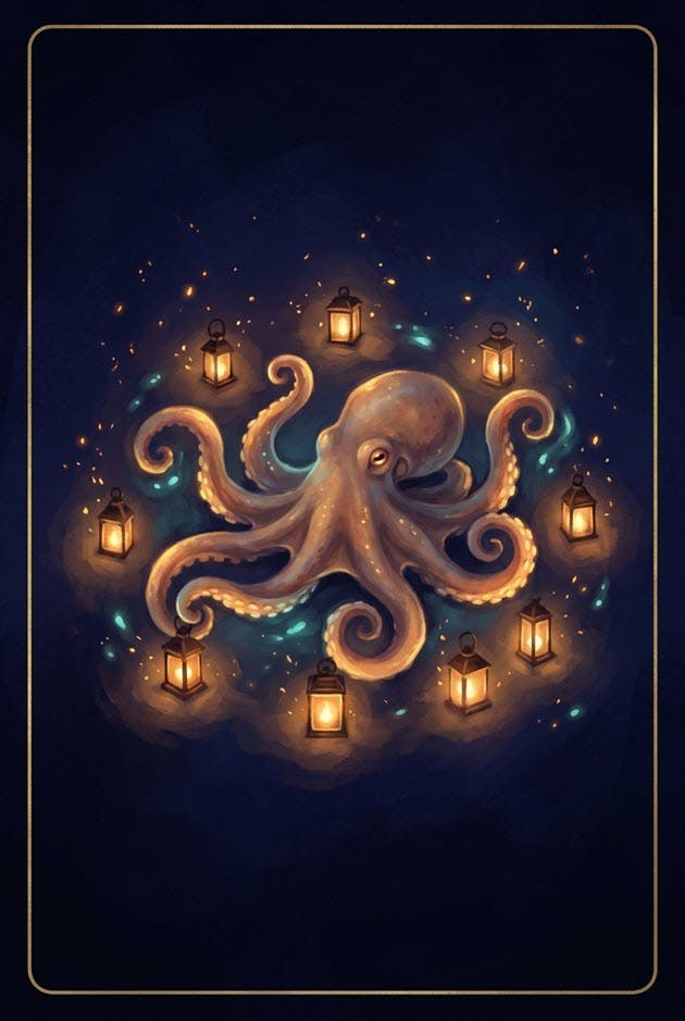 Illustrated tarot-style card featuring a wave among stars — revealed