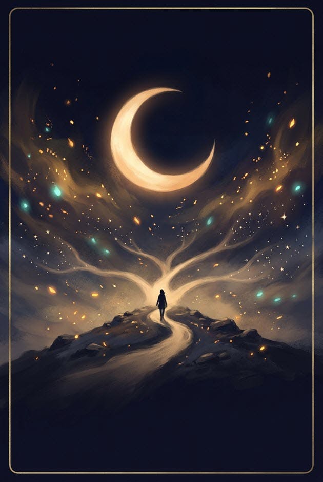 Illustrated tarot-style card featuring a crescent moon with a face — revealed